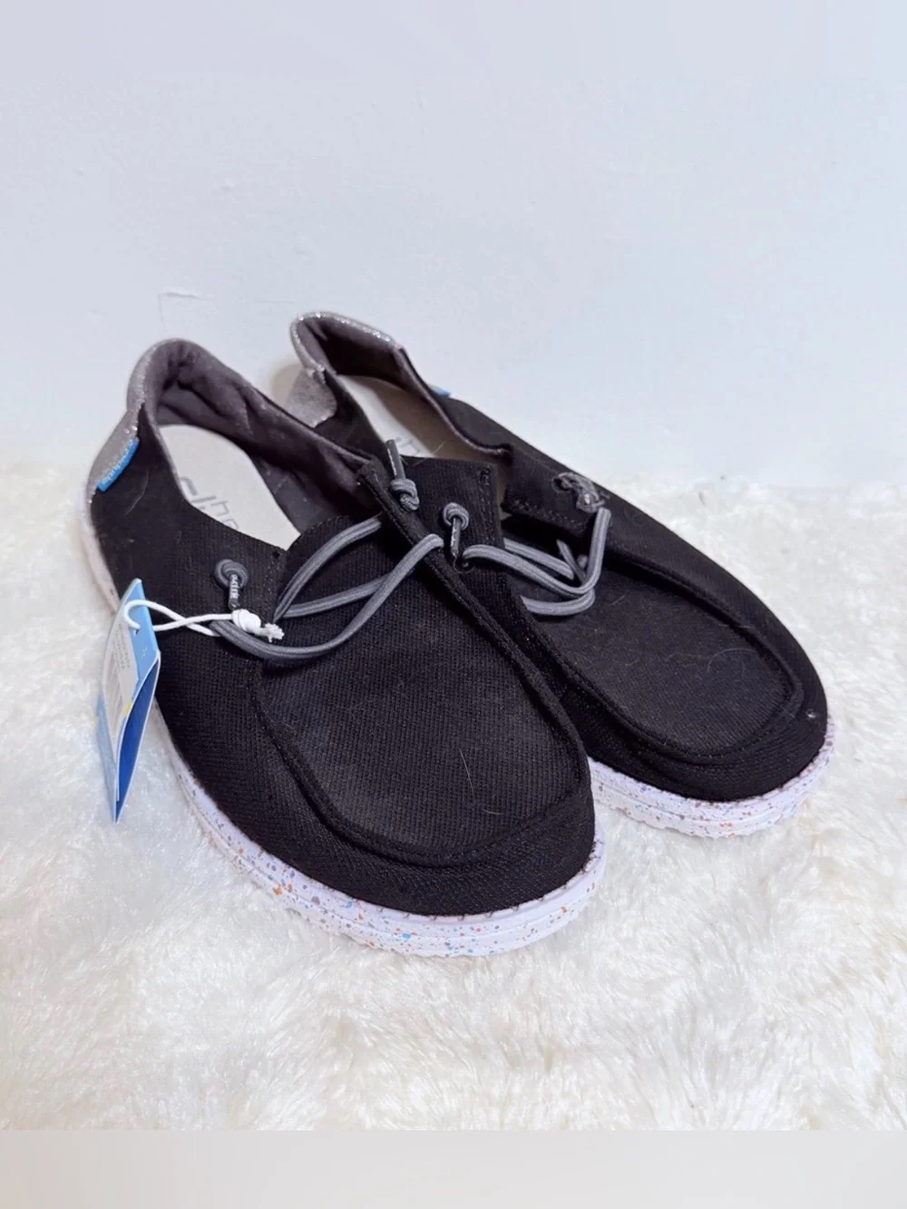 Hey Dude Wendy Black Canvas Slip-On with Glitter Heel Youth 5-6 new with tags!
